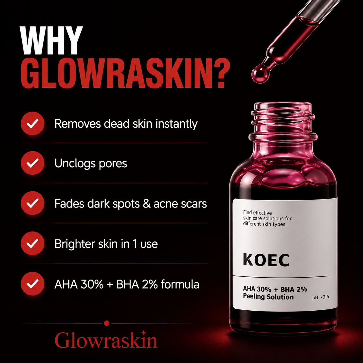Glowraskin Red Peel Serum 30ml AHA BHA exfoliating serum bottle product shot
